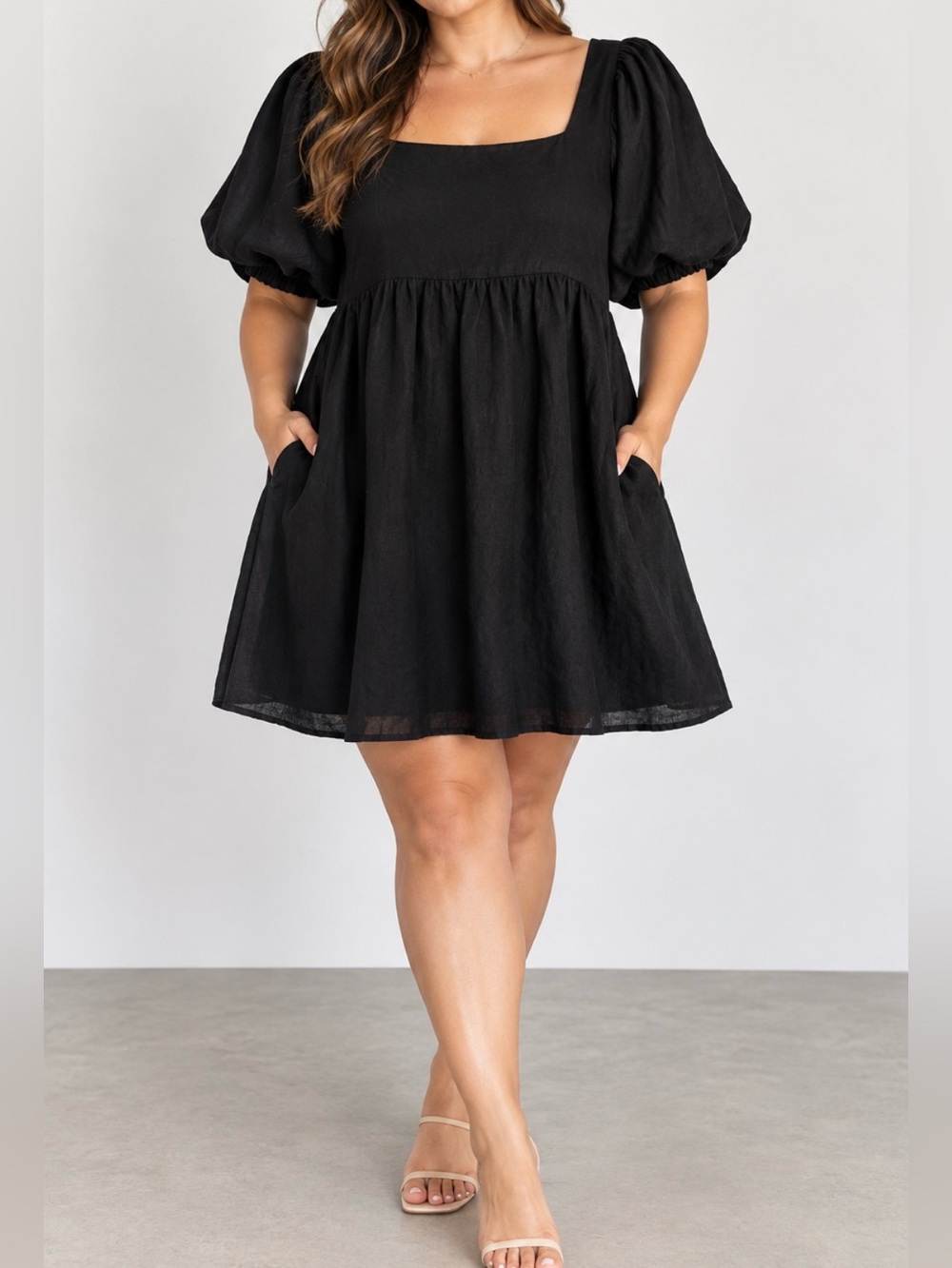 Seafolly Shoreline Black Linen Puff Sleeve Resortwear Vacation Mini Dress